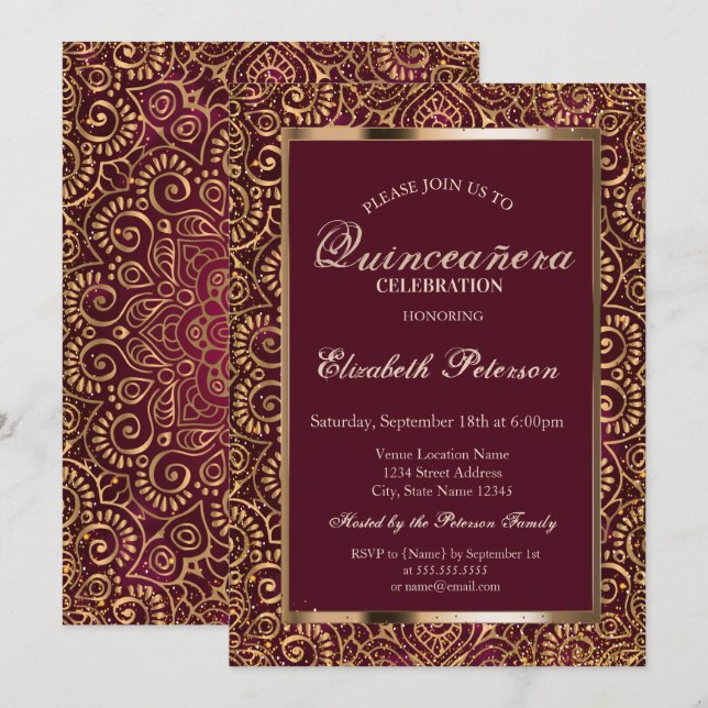 Elegant Frame Confetti Gold Mandala Quinceañera  Invitation (Front/Back)