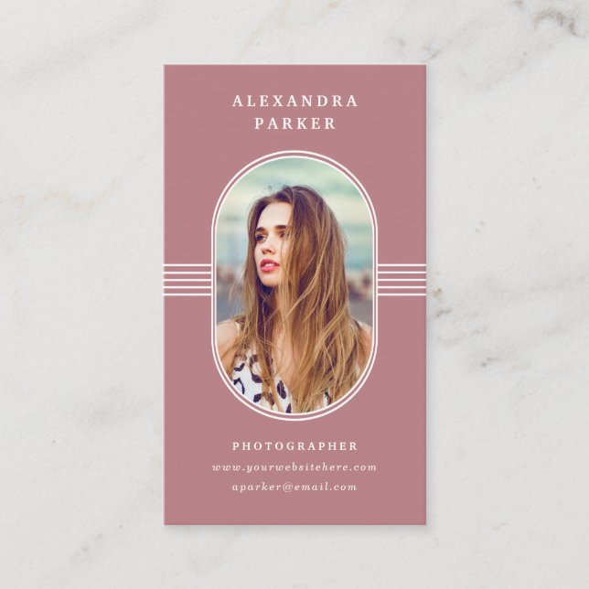 Elegant Frame | Dusty Rose and White Photo Business Card (Front)