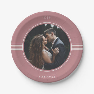 Elegant Frame Dusty Rose Photo Wedding Paper Plates