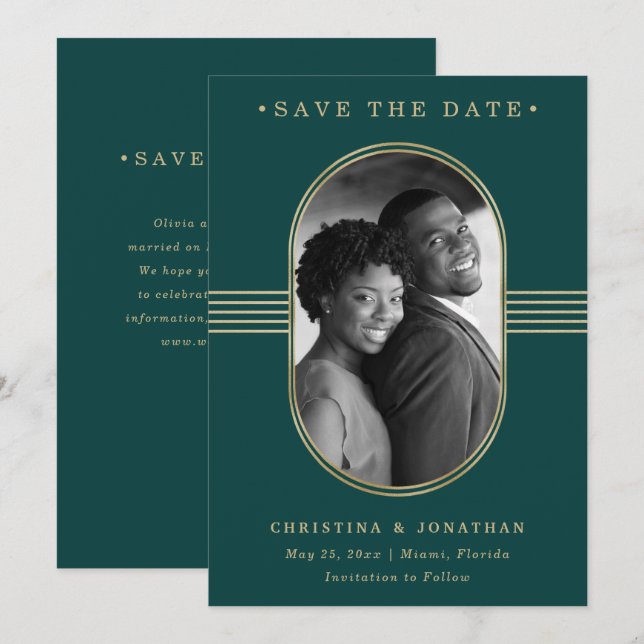 Elegant Frame | Emerald Green and Gold with Photo Save The Date (Front/Back)
