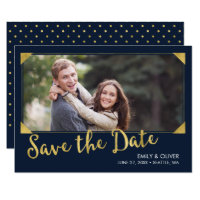 Elegant Frame Faux Gold Blue Photo Save the Date Card