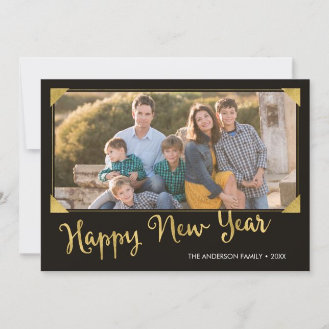 Elegant Frame Faux Gold Happy New Year Photo Holiday Card (Front)