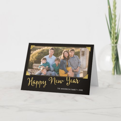 Elegant Frame Faux Gold Happy New Year Photo Holiday Card