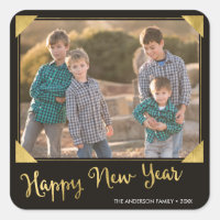 Elegant Frame Faux Gold Happy New Year Photo Square Sticker