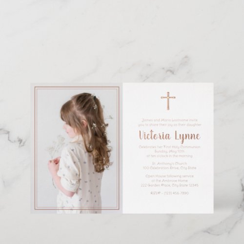 Elegant Frame First Communion with Photo Foil Holiday Card