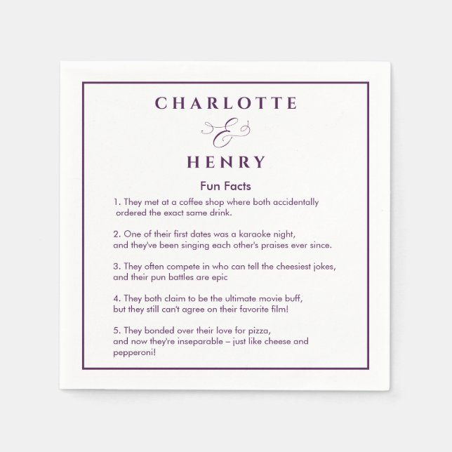 Elegant Frame Fun Facts Purple & White Wedding Napkins (Front)