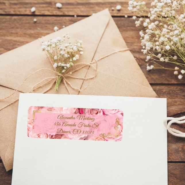 Elegant Frame Gold Pink Rose Floral Quinceañera Label (Creator Uploaded)