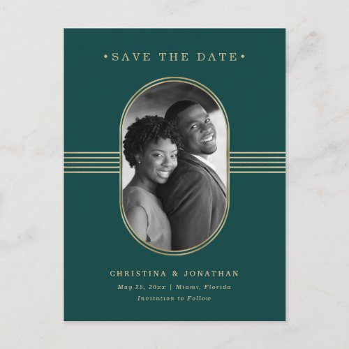 Elegant Frame  Green and Gold Photo Save the Date Announcement Postcard