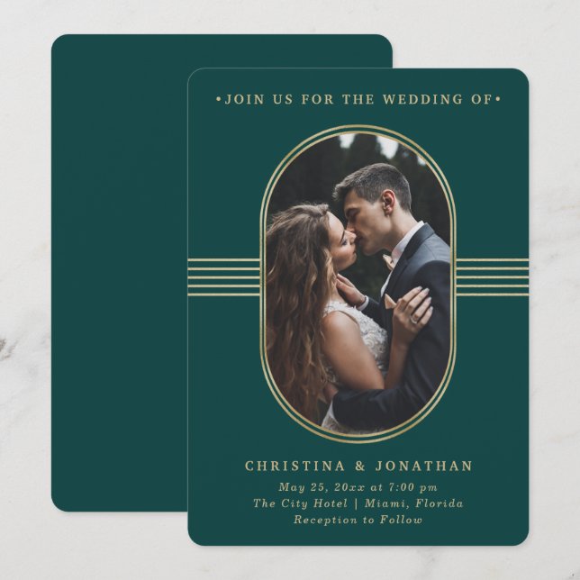 Elegant Frame | Green and Gold Photo Wedding Invitation (Front/Back)