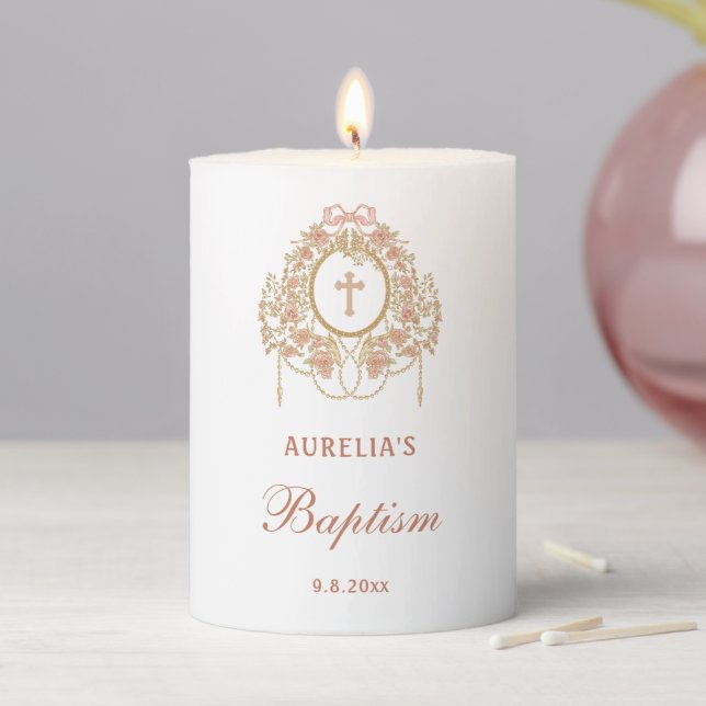 Elegant Frame Holy Cross Baptism Pillar Candle (In Situ)