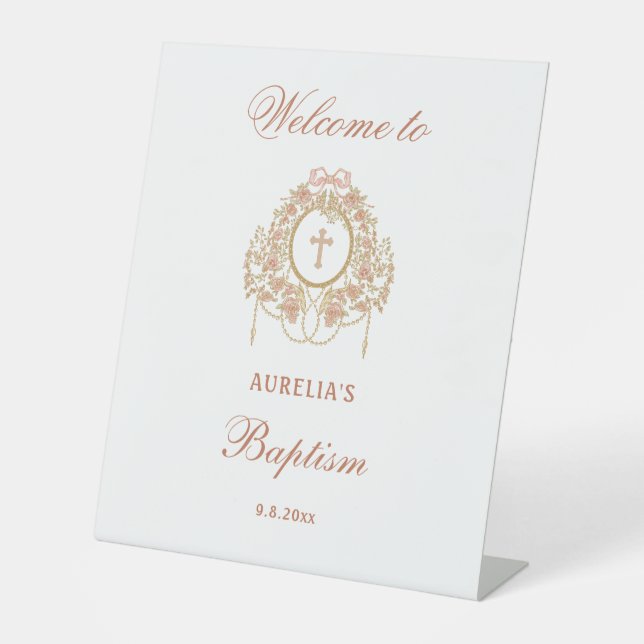 Elegant Frame Holy Cross Baptism Welcome Pedestal Sign (Front)