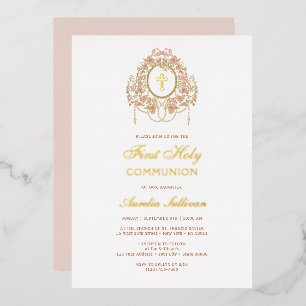 Elegant Frame Holy Cross First Communion Foil Invitation