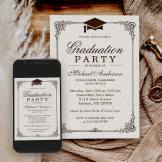 Elegant Frame Ivory Linen Graduation Party Invitation