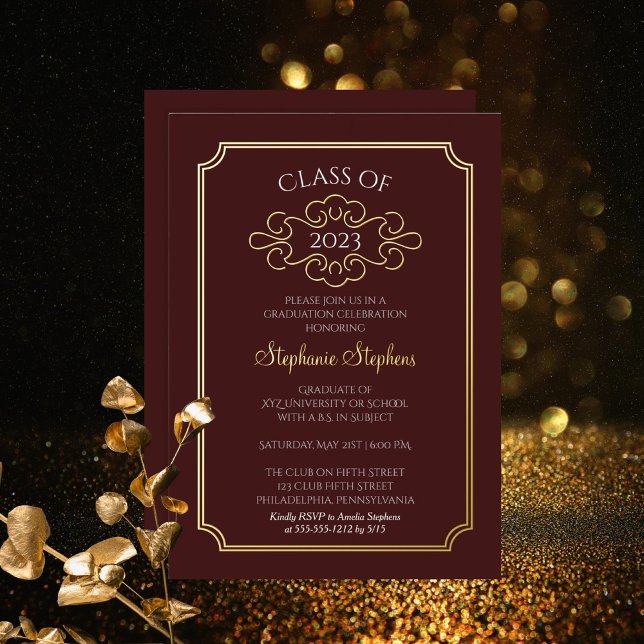 Elegant Frame Maroon College Graduation Party Foil Invitation (Creator Uploaded)