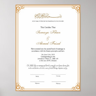 Elegant frame Muslim nikkah certificate poster