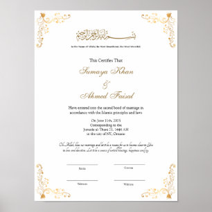 Elegant frame Muslim nikkah certificate poster
