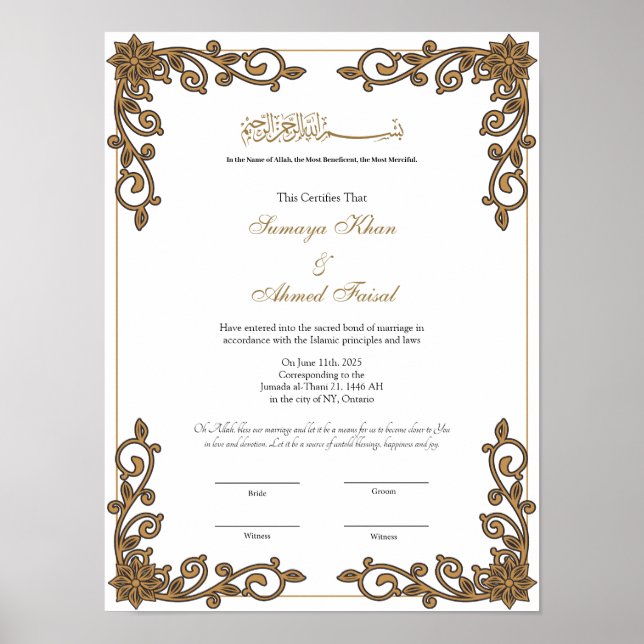 Elegant frame Muslim nikkah certificate poster (Front)