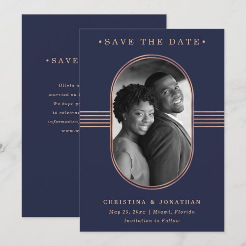 Elegant Frame | Navy Blue and Rose Gold with Photo Save The Date