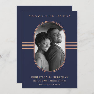 Elegant Frame   Navy Blue and Rose Gold with Photo Save The Date