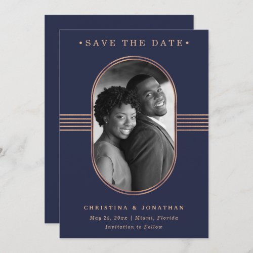 Elegant Frame  Navy Blue and Rose Gold with Photo Save The Date