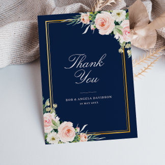 elegant frame navy blush floral wedding thank you card
