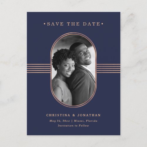 Elegant Frame  Navy Rose Gold Photo Save the Date Announcement Postcard