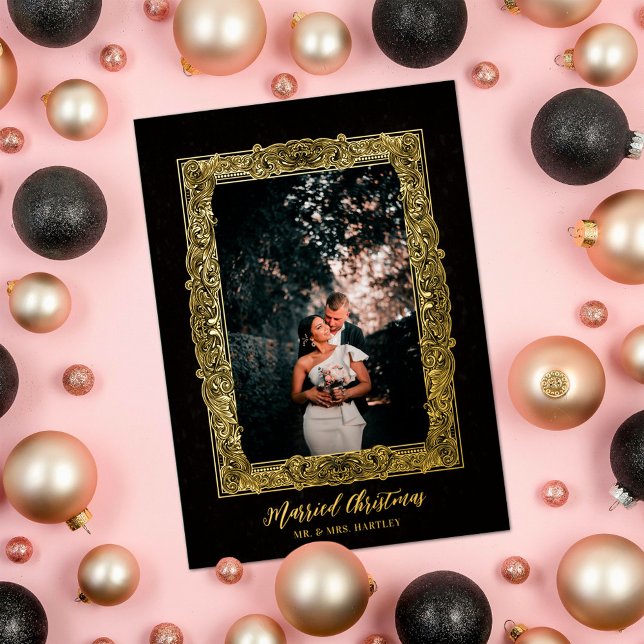 Elegant Frame on Black Married Christmas Photo Foil Holiday Card (Creator Uploaded)
