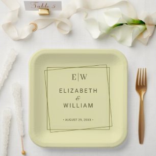 Elegant Frame on Celestial Yellow Monogram Wedding Paper Plates