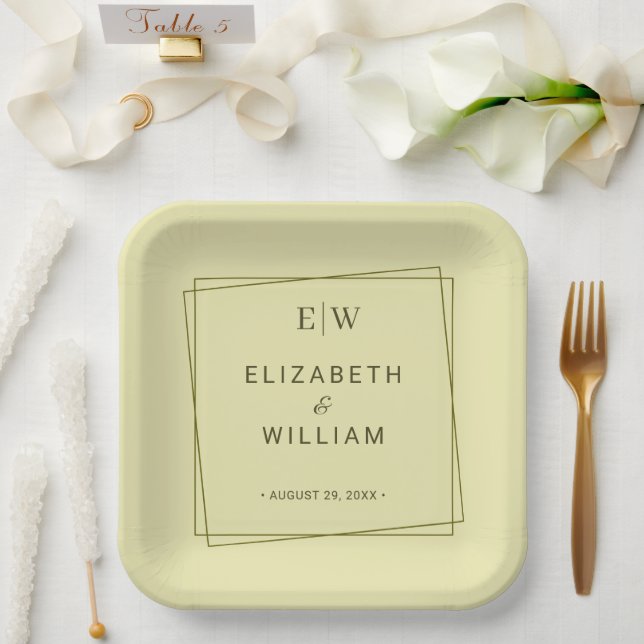 Elegant Frame on Celestial Yellow Monogram Wedding Paper Plates (Wedding)