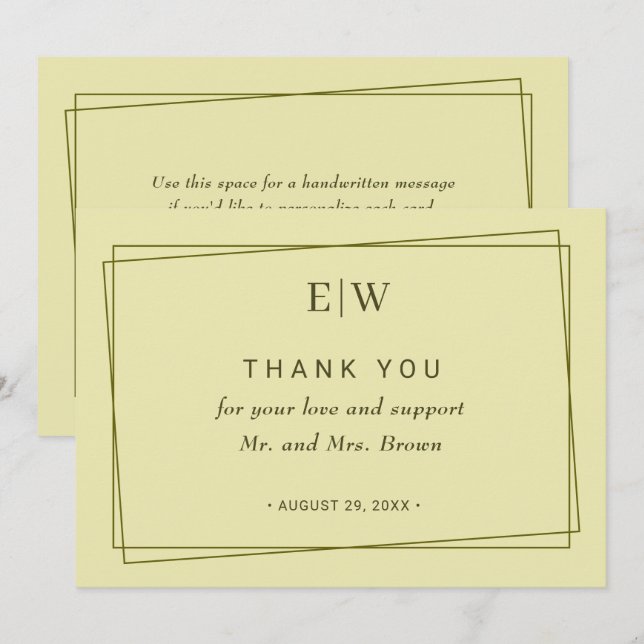 Elegant Frame on Celestial Yellow Monogram Wedding Thank You Card (Front/Back)
