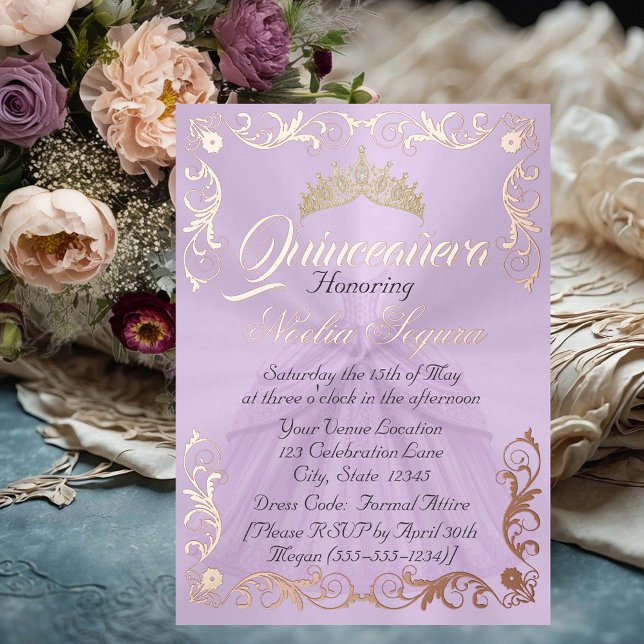 Elegant Frame & Photo on Lavender Quinceanera  Foil Invitation (Creator Uploaded)