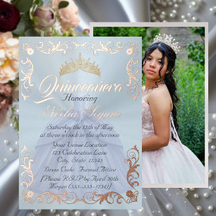 Elegant Frame & Photo on Pastel Blue Quinceanera  Foil Invitation