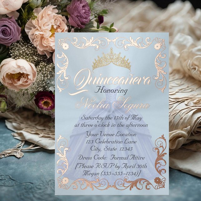 Elegant Frame & Photo on Pastel Blue Quinceanera  Foil Invitation (Creator Uploaded)