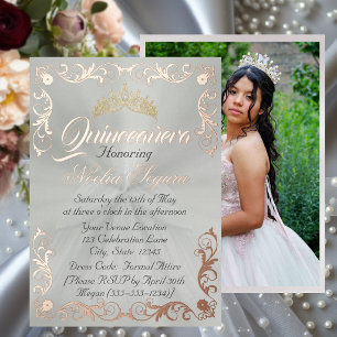 Elegant Frame & Photo on Pastel Green Quinceanera  Foil Invitation