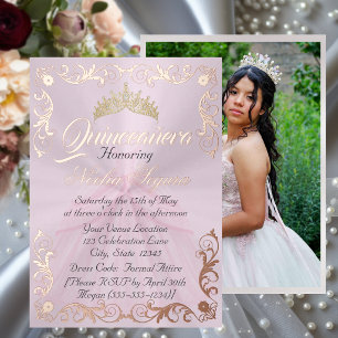 Elegant Frame & Photo on Pastel Pink Quinceanera  Foil Invitation