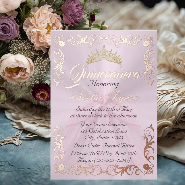 Elegant Frame & Photo on Pastel Pink Quinceanera  Foil Invitation (Creator Uploaded)