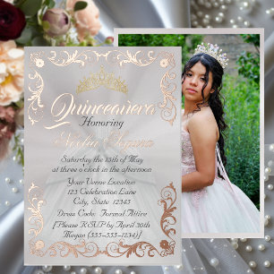 Elegant Frame & Photo on White Quinceanera  Foil Invitation