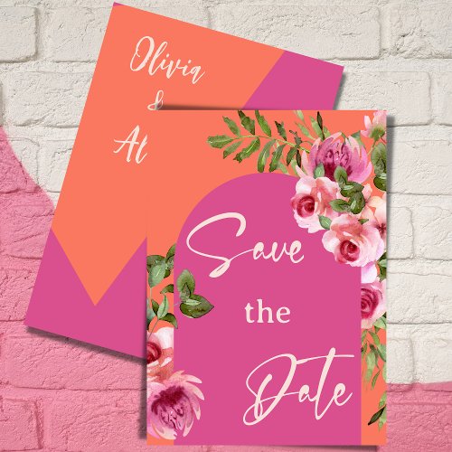 Elegant Frame Pink and Orange Floral Save the Date Invitation