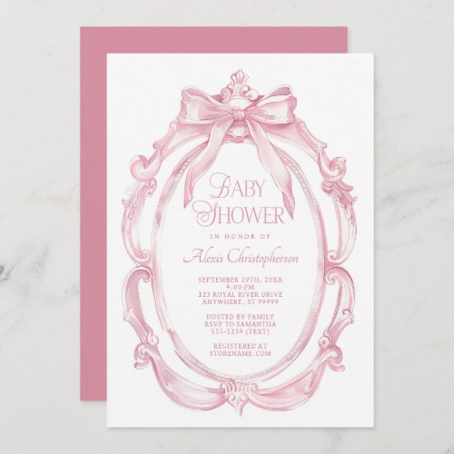 Elegant Frame  Pink Bow Baby Shower Invitation