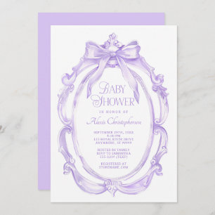 Elegant Frame + Purple Bow Baby Shower Invitation
