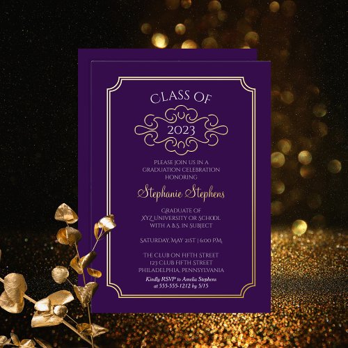 Elegant Frame Purple College Graduation Party Foil Invitation