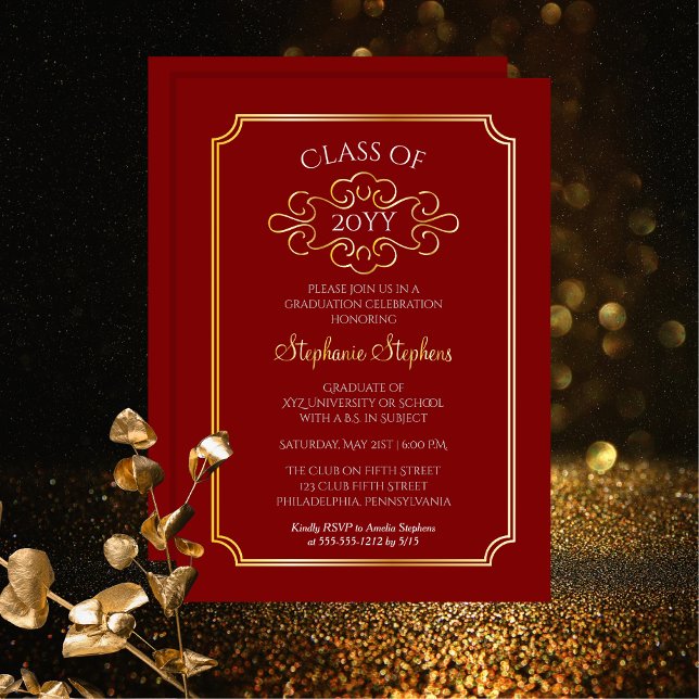 Elegant Frame Red College Graduation Party  Foil Invitation (Elegant Frame Red College or University Graduation Announcement | Party Gold Foil Invitation)