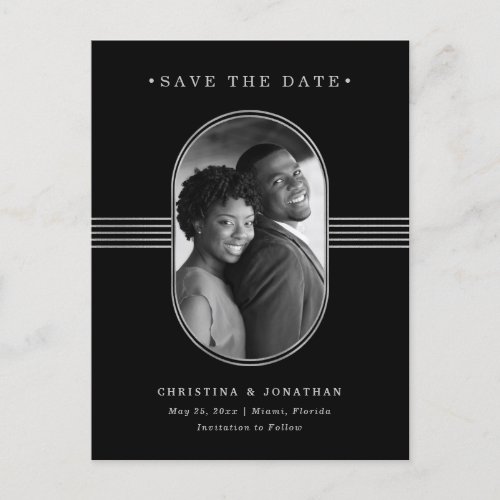 Elegant Frame Silver and Black Photo Save the Date Announcement Postcard