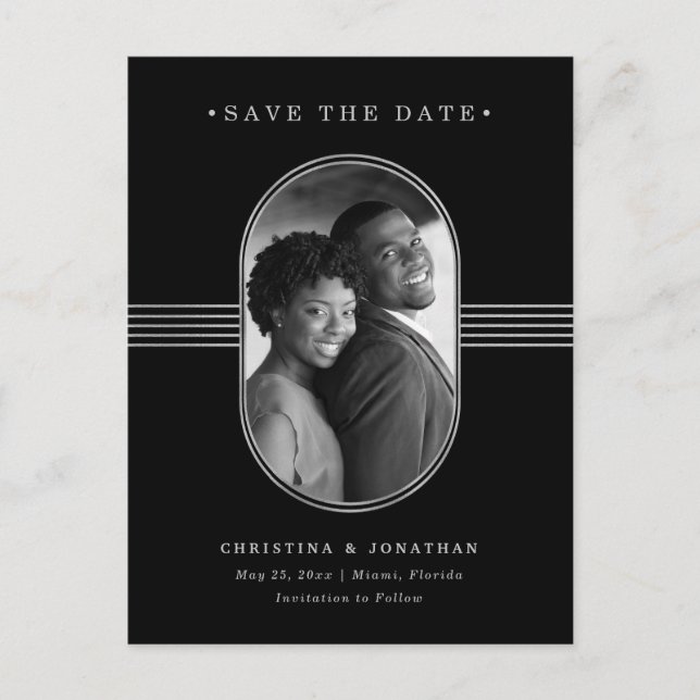 Elegant Frame Silver and Black Photo Save the Date Announcement Postcard (Front)