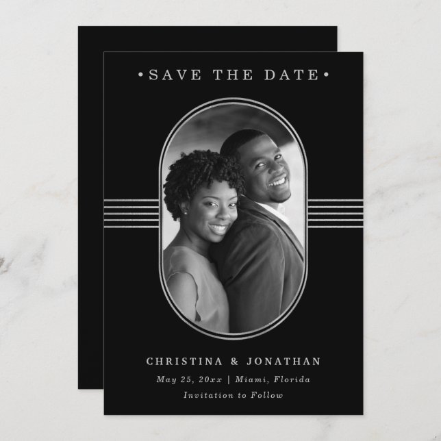Elegant Frame | Silver and Black with Photo Save The Date (Front/Back)