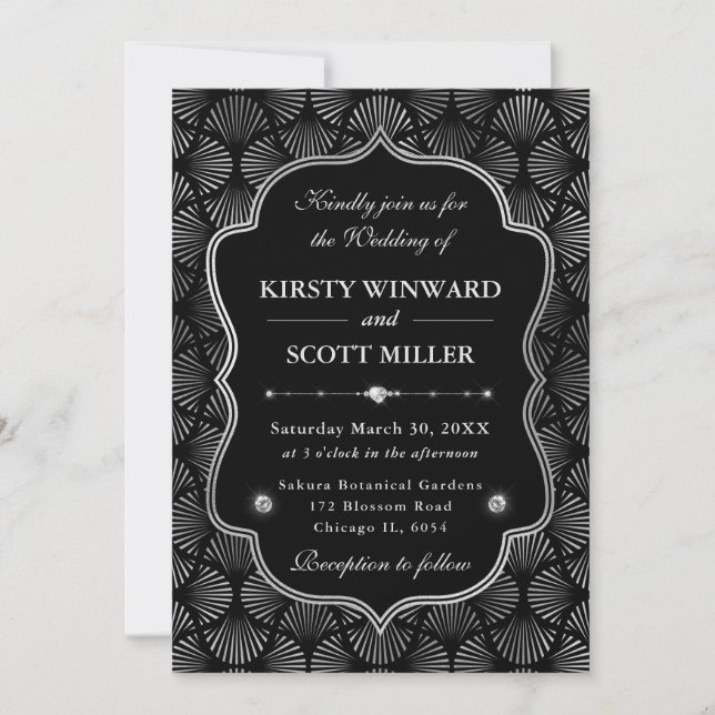 Elegant Frame Silver Fan Art Deco Wedding Invitation (Front)