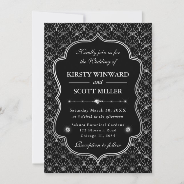 Elegant Frame Silver Fan Motif Art Deco Wedding Invitation (Front)