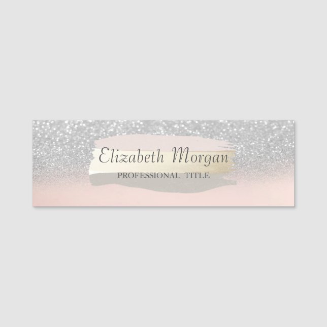 Elegant , Frame, Silver Glitter, Brush Stroke Name Tag (Front)