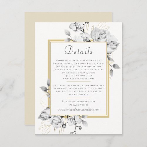 Elegant Frame White Gold Floral Wedding Details Enclosure Card