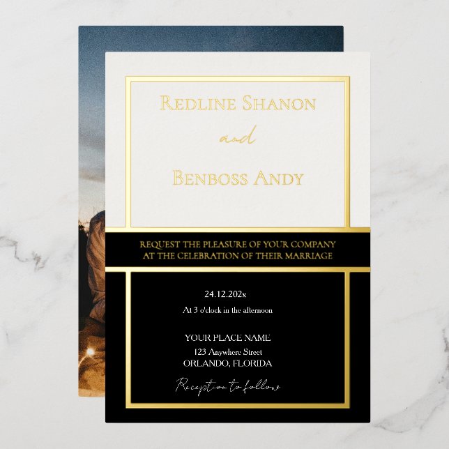 Elegant Framed Ivory & Black Design Gold Foil Invitation (Front/Back)